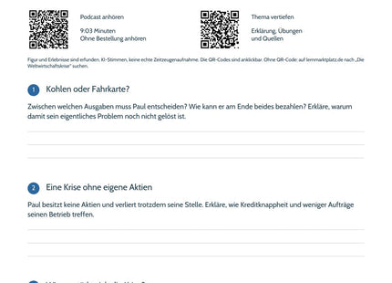 Die Weltwirtschaftskrise: Hörarbeitsblatt mit Podcastbild, Aufgaben und QR-Codes