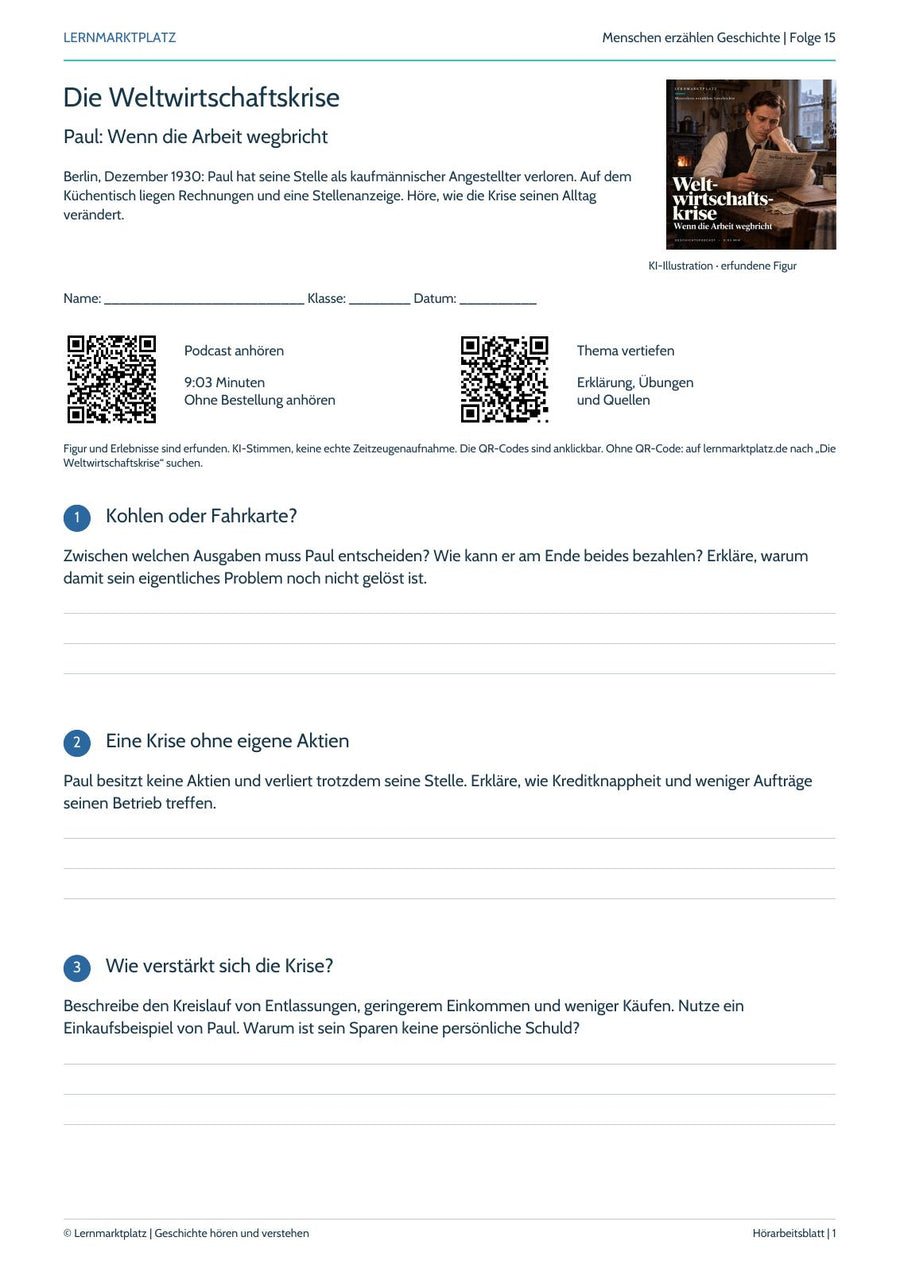Die Weltwirtschaftskrise: Hörarbeitsblatt mit Podcastbild, Aufgaben und QR-Codes