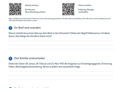 Hörarbeitsblatt zu Wie Freiheit verschwindet: Podcastbild, Aufgaben und QR-Codes.