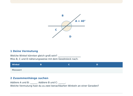 Winkelbeziehungen und Winkelsumme – Schülerblatt S1 mit Geradenkreuzung und Winkeln