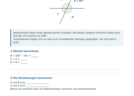 Winkelbeziehungen und Winkelsumme – Schülerblatt S2 mit Nebenwinkeln und Scheitelwinkeln