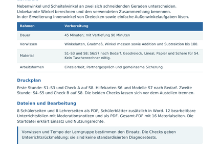 Winkelbeziehungen und Winkelsumme – Lehrerübersicht mit Lernzielen und Druckplan