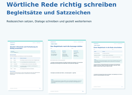 Unterrichtspaket Wörtliche Rede richtig schreiben für Deutsch Klasse 5–6 mit acht Stunden, 32 Schülerseiten, Tests und Excel-Auswertung