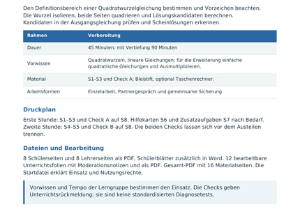 Wurzelgleichungen lösen und prüfen – Lehrerübersicht mit Lernzielen und Druckplan