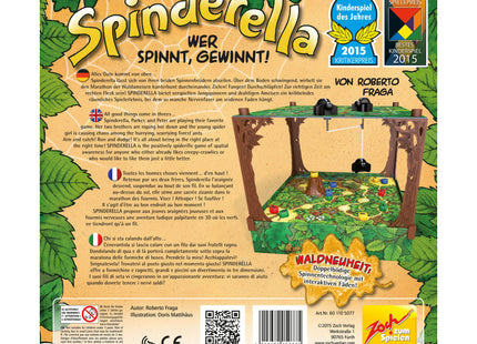 Spinderella – Schachtelrückseite mit Spielübersicht und Inhalt