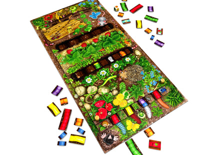 Da ist der Wurm drin – Spielplan, farbige Wurmteile und Würfel