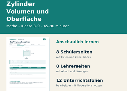 Volumen und Oberfläche von Zylindern – Paketübersicht für Klasse 8–9